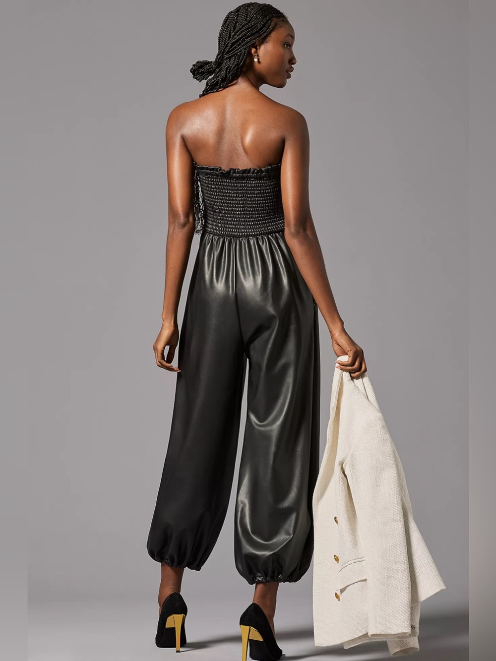 Anthropologie Faux Leather Strapless Jumpsuit Balloon Leg | Size XLP - Picture 6 of 14